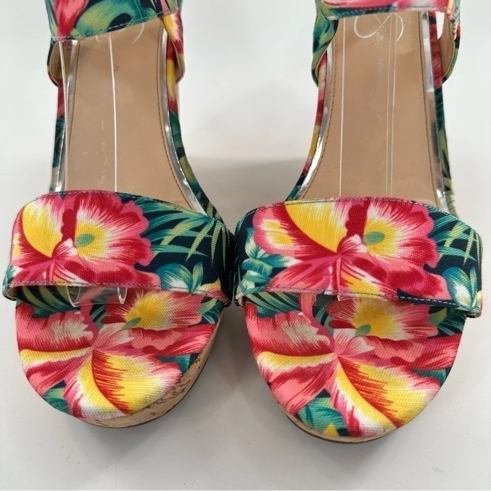 Jessica Simpson Jeisha sandals 10 40 multicolored floral tropical cork wedges